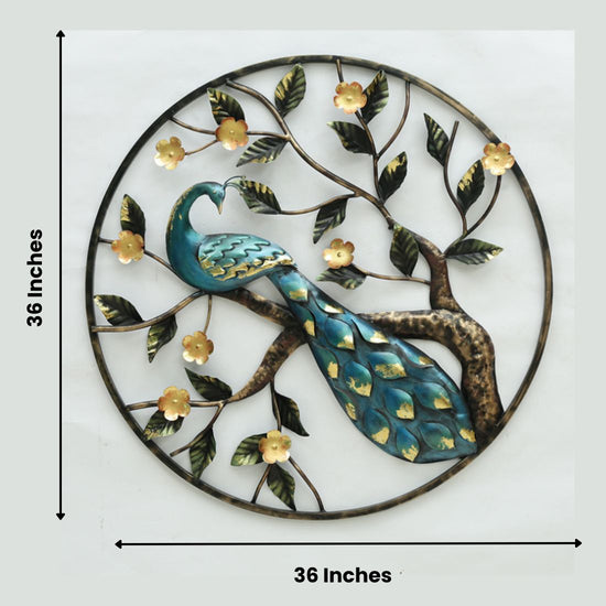Introducing the Hansart Special Peacock In Circular Ring Metal Wall Art. This stunning piece boasts intricate design featuring a majestic peacock surrounded by a circular ring. Add a touch of elegance and sophistication to your space with this 36 inch diameter artwork.