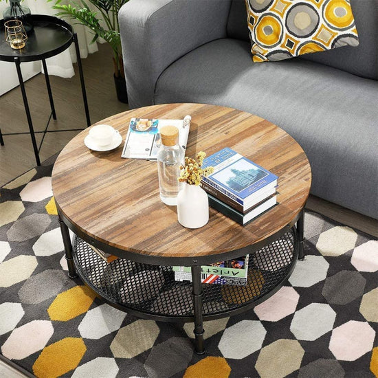 Round Industrial Coffee Table with Storage Shelf and Wood Top-Hansart, Tables, Elevate your living space with this stylish and functional Industrial Round Coffee Table. Featuring a warm rustic wood finish paired with a sturdy black metal frame, this table brings a modern industrial vibe to any room. The spacious round tabletop offers ample space for drinks, snacks, and decor, while the lower mesh shelf provides convenient storage for books, magazines, and more. Perfect for living rooms, lounges, or offices,