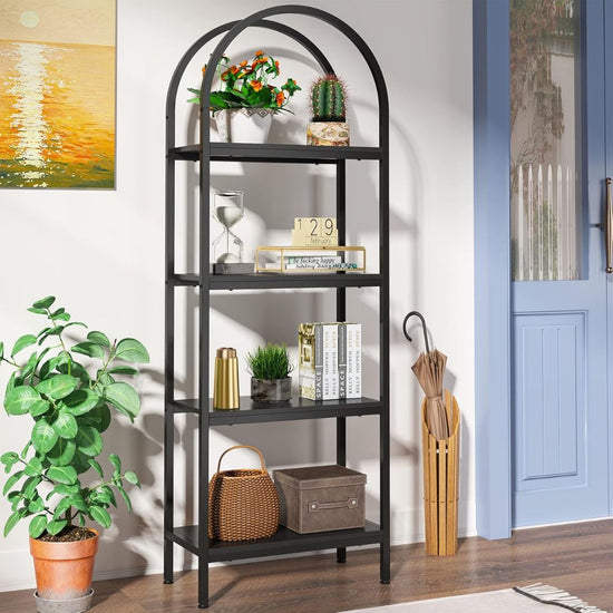 4-Tier Arched Metal Bookshelf, Black Display Rack, HANSART, Elevate your home or office decor with this sleek and modern 4-Tier Arched Metal Bookshelf. Designed with a stylish arched frame and a matte black finish, this versatile shelving unit blends seamlessly into any interior. The open shelving provides ample space for books, decorative items, plants, or storage baskets. Constructed from durable metal, this bookshelf offers stability and strength, making it a perfect combination of function and style. Mo