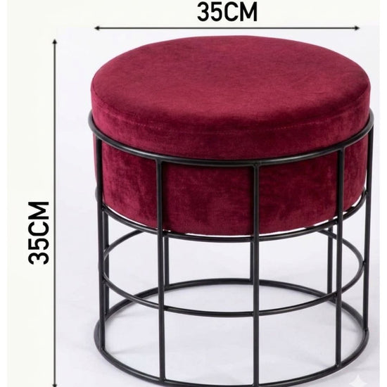 Modern Maroon Velvet Round Ottoman - 35cm Industrial Metal Stool