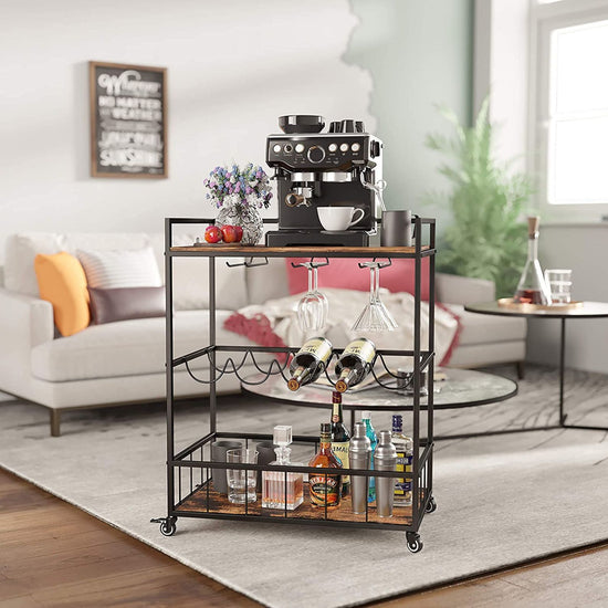 Bar cart with coffee machine, wine bottles, and glasses in a living room setting.