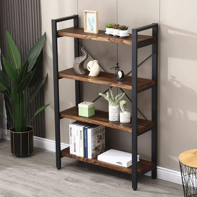 4-Tier Bookshelf with Metal Frame and Wood Shelves, HANSART, Elevate your home or office organization with this stylish 4-Tier Industrial Bookshelf. Designed with a sturdy black metal frame and rustic wood shelves, this freestanding shelving unit offers both durability and charm. Perfect for displaying books, plants, décor, or office supplies, its compact footprint makes it ideal for small spaces while still providing generous storage. The open design and crossbar support add an industrial flair, blending s