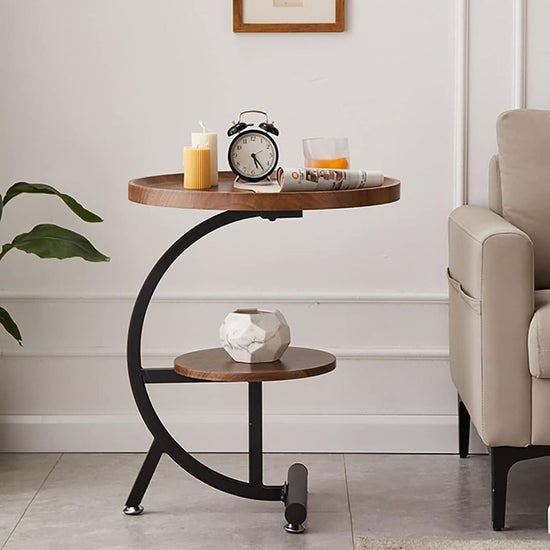 Modern Round Side Table with 2-Tier Wood Shelves and Metal Frame-Hansart, Tables, Add a modern touch to your home with this 2-Tier Round Side Table, blending style and functionality. Featuring a smooth wood top and a sturdy metal frame, this versatile table is perfect as an end table, nightstand, or accent piece in your living room or bedroom. The unique curved design not only adds visual interest but also provides added stability. With two spacious tiers, this table offers plenty of room for displaying déc