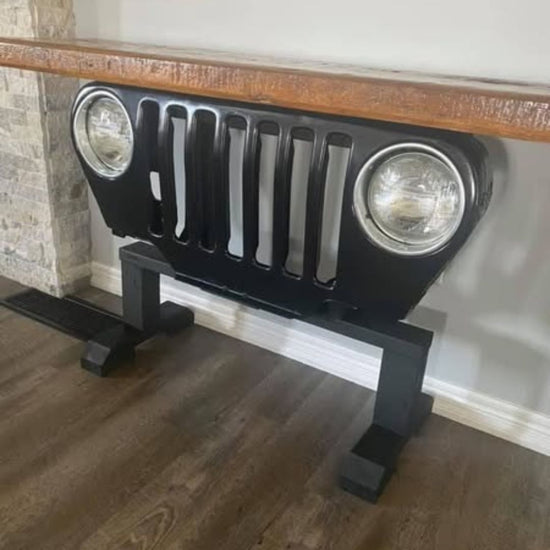 Rustic Jeep-Inspired Black Console Table with Wooden Top