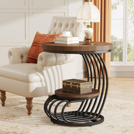Modern Round End Table with 2-Tier Wood Shelves and Curved Metal Base-Hansart, Tables, Elevate your living space with this modern industrial round side table. Designed with a perfect blend of rustic wood and contemporary metal accents, this stylish table brings functionality and sophistication to any room. The dual-tiered design provides ample surface area for both display and storage, while the artistic curved metal base adds a bold architectural statement. Ideal for your living room, reading nook, or offi