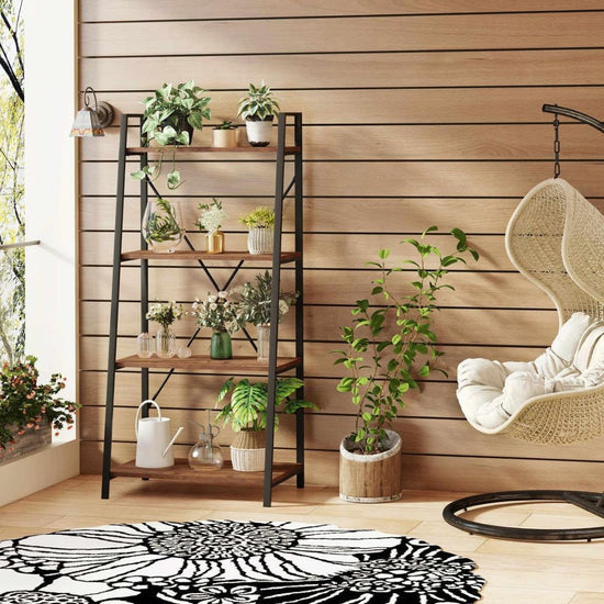 Modern Open Display Metal Storage Rack for Living Room, Bedroom, or Office, HANSART, Elevate your home decor with this elegant 4-Tier Arched Bookshelf, combining a rustic wood finish with a sturdy black metal frame. The unique arched design adds a stylish architectural element, making it an eye-catching centerpiece in any room. Ideal for displaying books, plants, decorative items, or collectibles, this freestanding storage rack offers both functionality and sophistication. Its space-saving structure makes i