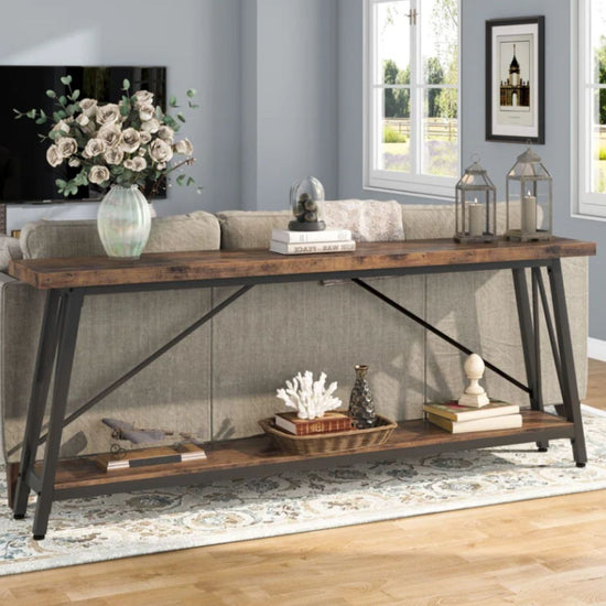 Industrial Console Table with Open Storage Shelf and Metal Frame-Hansart, Tables, Add a touch of industrial charm to your living space with the Industrial Console Table. Featuring a warm wood-grain finish paired with a sleek black metal frame, this eye-catching piece brings both style and function to your home. Whether you&