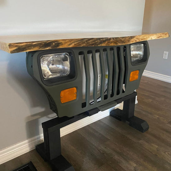 Military Green Jeep Grille Console Table with Rustic Wood Top