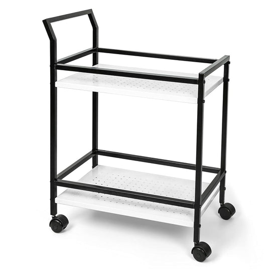 Black metal serving cart with white shelves on a white background