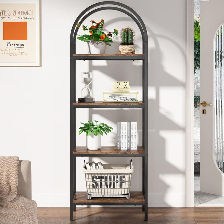Metal Frame and Wood Display Shelf, Freestanding Storage Rack for Living Room, Bedroom, HANSART, Elevate your home decor with this elegant 4-Tier Arched Bookshelf, combining a rustic wood finish with a sturdy black metal frame. The unique arched design adds a stylish architectural element, making it an eye-catching centerpiece in any room. Ideal for displaying books, plants, decorative items, or collectibles, this freestanding storage rack offers both functionality and sophistication. Its space-saving struc