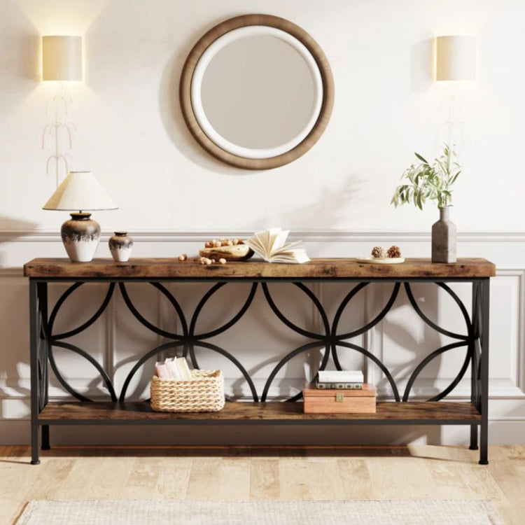 Console Table with Geometric Metal Frame and Rustic Wood Shelves-Hansart, Tables, Add a touch of industrial charm to your living space with the Industrial Console Table. Featuring a warm wood-grain finish paired with a sleek black metal frame, this eye-catching piece brings both style and function to your home. Whether you&