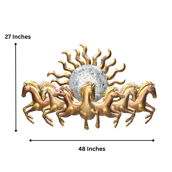 This Gold 7 Horses with Sun Metal Wall Art is the perfect addition to any living room. Crafted from metal, it features striking gold coloring and an iconic 7 horses with sun design. Hang it in any space to bring warmth and personality to your interior. Size: 48 x 27 Inches. Made of High-Quality Iron Metal Anti-rust powder coating used for long lasting finish Hanging Mechanism included Horse wall decor with led lighting