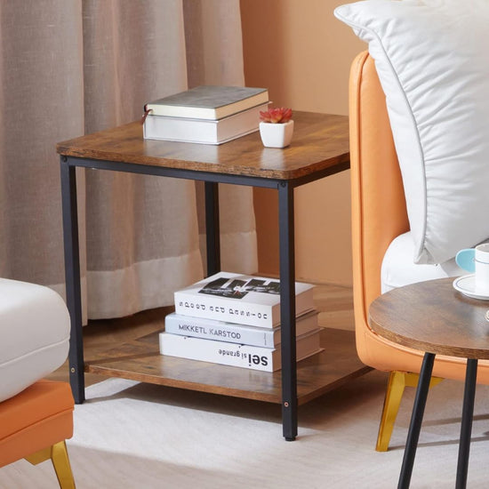 Rustic Wood Top and Black Metal Frame, End Table for Living Room or Bedroom-Hansart, Tables, Bring industrial charm and functional design to your home with this Industrial Square Side Table with Storage Shelf. Crafted with a rustic wood finish and a sturdy black metal frame, this versatile end table combines durability with a modern farmhouse aesthetic. The spacious tabletop provides the perfect spot for a lamp, books, or your favorite décor pieces, while the lower shelf adds additional storage for magazine