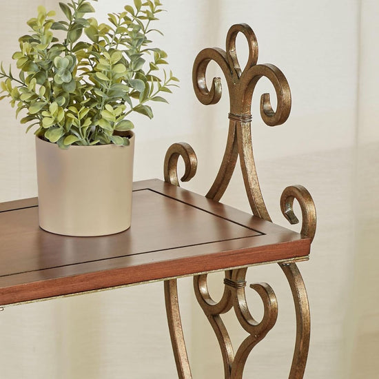 Vintage 3-Tier Metal Scrollwork Accent Shelf with Wooden Shelves, HANSART, Elevate your home decor with this elegant 3-Tier Metal Scrollwork Accent Shelf, a perfect blend of vintage charm and functional design. Standing 34 inches tall, this accent shelf features intricately designed metal scrollwork in an antique bronze finish that adds a touch of old-world elegance to any space. The three spacious wooden shelves provide a warm contrast with their rich, polished wood tones, offering ample space to display d