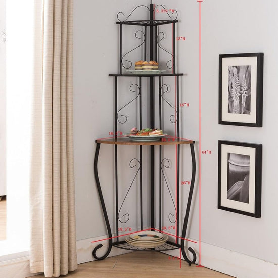 Metal Corner Shelf Stand with 4-Tier Wood Shelves for Home Décor, HANSART, Maximize your space in style with this 64-Inch Tall Metal and Wood Corner Shelf Stand. Featuring a sophisticated scrollwork design and a blend of durable black metal and warm wood shelves, this 4-tier corner rack is the perfect addition to any room or outdoor space. The tiered design provides ample space for displaying plants, decorative items, books, or kitchen essentials. Its tall, freestanding structure fits neatly into any corner