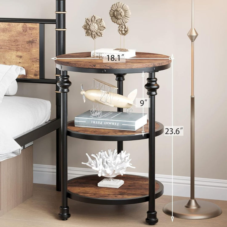 Rustic Round End Table with 3-Tier Storage and Metal Frame-Hansart, Tables, Add a touch of vintage charm and practical storage to your space with this Vintage Industrial Round Nightstand with 3-Tier Storage Shelves. Crafted with a sturdy black metal frame and rustic brown wood surfaces, this end table blends industrial style with farmhouse warmth. Its three-tier round design provides ample space for organizing your essentials, whether it’s in the bedroom as a nightstand or in the living room as a side table