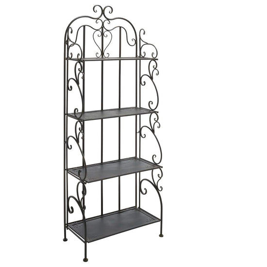 Vintage Black Metal 4-Tier Scrollwork Baker’s Rack, HANSART, Add timeless charm and versatile storage to your home or garden with this Vintage Black Metal 4-Tier Scrollwork Baker’s Rack. Crafted from durable wrought iron with a classic black finish, this freestanding shelving unit showcases intricate scrollwork and a heart-shaped accent that brings an elegant touch to any space. With four spacious shelves, it’s perfect for displaying plants, decorative accents, kitchenware, or garden tools. Its open design