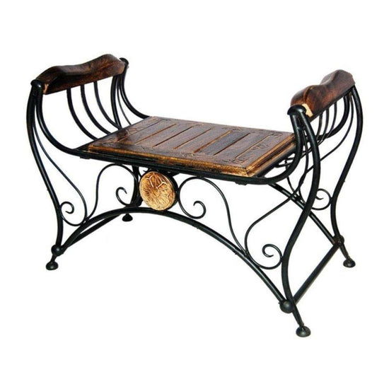 Vintage Wrought Iron Decorative Bench with Wooden Seat and Scroll Armrests, HANSART, Bring timeless elegance and functionality to your space with this beautifully crafted Vintage Wrought Iron Decorative Bench with Wooden Seat. Blending classic design with sturdy construction, this bench features gracefully curved wrought iron legs and arms, intricately detailed scrollwork, and a solid wood seat with a rustic finish. The centerpiece medallion adds a touch of vintage charm, making it perfect for both indoor a