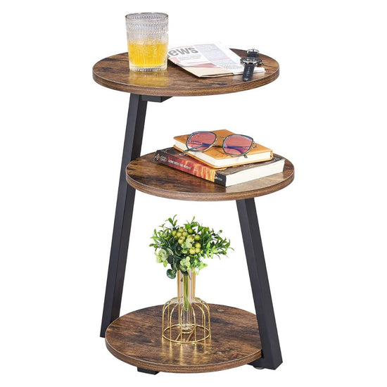 Industrial Vintage Display Shelf with Wood Finish and Metal Frame Side Table-Hansart, Tables, Enhance your home decor with this stylish and functional 3-Tier Round Plant Stand. Crafted with a rustic wood finish and a sturdy black metal frame, this industrial-inspired display shelf blends vintage charm with modern elegance. Standing at 60 cm (23.62 inches) tall, this multi-functional stand is perfect for showcasing plants, books, decorative items, or even as a compact side table.