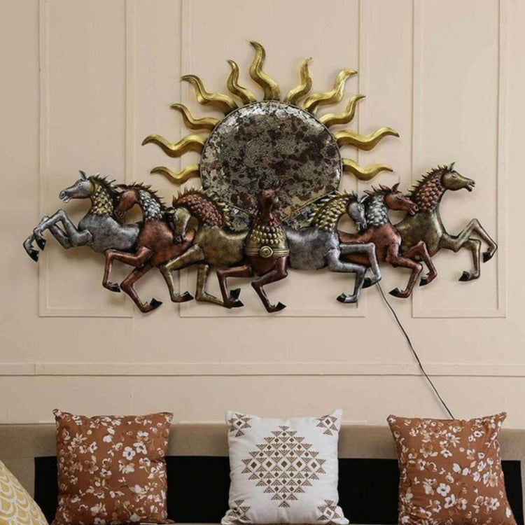 This 7 Horses with Sun Metal Wall Art by Hansart is a beautiful, eye-catching piece of metal décor that will transform any room. Made of High-Quality Iron Metal Anti-rust powder coating used for long lasting finish Hanging Mechanism included Horse wall decor with led lighting Perfect for your living room, bedroom, hall, office reception, guest room, and hotel reception The product is packed by professionals for safe delivery Designed to make your home look complete Total Wall Coverage Area: 48 x 27 Inches