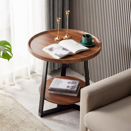 Modern Round Side Table with Storage Shelf and Metal Legs-Hansart, Tables, Enhance your living space with this stylish Round Wooden Side Table with Lower Storage Shelf, designed to bring both functionality and elegance to any room. Featuring a smooth round tabletop and a sturdy lower shelf, this table provides ample space for your books, beverages, or décor pieces. Crafted with a rich wood grain finish and supported by durable black metal legs, its modern industrial style blends seamlessly with a variety of