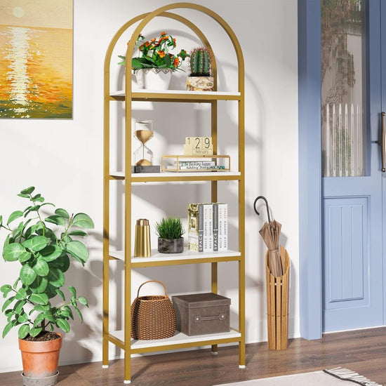 4-Tier Gold Arched Metal Bookshelf with White Shelves for Living Room, Bedroom, or Office, HANSART, Elevate your space with this elegant 4-Tier Gold Arched Bookshelf featuring clean lines and a modern design. The eye-catching arched frame in a chic gold finish complements the sleek white shelves, making it the perfect addition to contemporary, modern, or glam-style interiors. Whether you need extra storage or a decorative display rack, this bookshelf is both stylish and functional. With its tall, narrow str