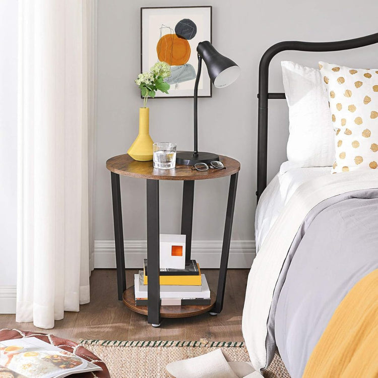 Rustic Industrial Round Side Table with Shelf-Hansart, Tables, Enhance your living space with this stylish Rustic Industrial Round Side Table. Designed with a warm wood grain finish and sturdy black metal frame, this versatile table brings a touch of industrial charm to any room. With a spacious tabletop and a convenient lower shelf, it’s perfect for holding drinks, books, plants, or decorative items. Its compact design makes it an ideal addition to your living room, bedroom, or office, serving as an end ta