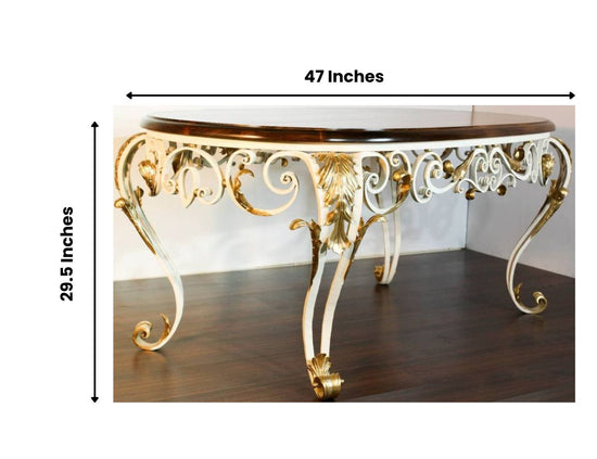 Elegant Handcrafted Wrought Iron and Wood Round Coffee Table with Gold Accents-Hansart, Tables, Elevate your living space with this Exquisite Luxury Wrought Iron Coffee Table, a stunning fusion of classic artistry and timeless elegance. Masterfully handcrafted, this round table boasts a gracefully sculpted wrought iron base, intricately adorned with ornate scrollwork and finished in radiant gold leaf accents. Each flourish and curve reflects expert craftsmanship, creating an opulent visual statement that ex