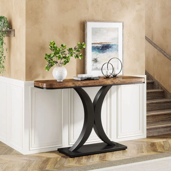 Rustic Brown Console Table with Sculptural Black Metal Base-Hansart, Tables, Elevate your space with the perfect blend of modern elegance and rustic charm. Our Rustic Brown Console Table with Sculptural Black Metal Base brings sophistication and function to your living room, hallway, or entryway. The eye-catching curved black metal pedestal base provides a bold, sculptural statement, while the rich rustic brown tabletop offers warmth and texture. Whether you&