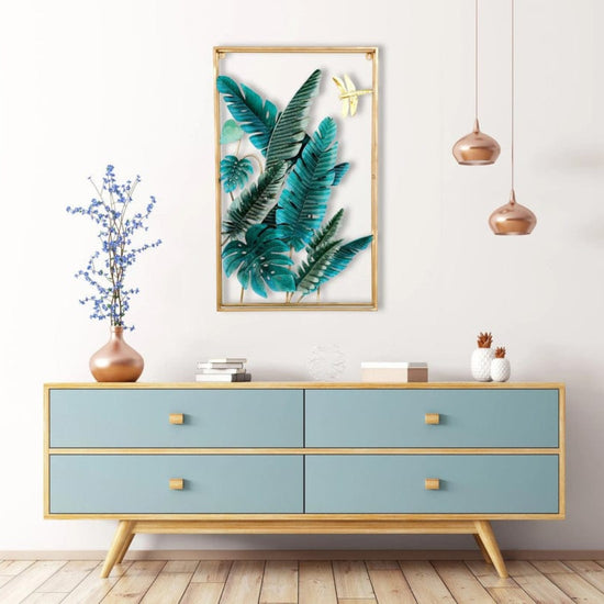 3D Metal Tropical Leaves Dragonfly Wall Art