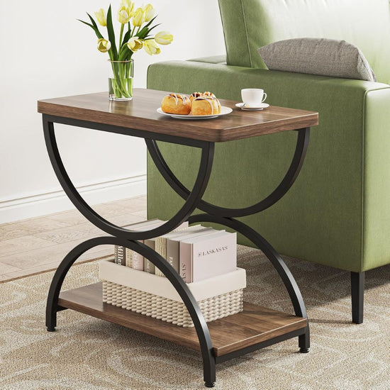 Rectangular Side Table with Storage Shelf, Wood Top and Metal Frame-Hansart, Tables, Elevate your home décor with this Modern Industrial End Table, blending functionality with bold, geometric design. Crafted with a sturdy black metal frame and rich wood grain shelves, this accent table adds a contemporary yet rustic flair to your living room, bedroom, or office. The striking curved metal supports create an eye-catching silhouette, while the two-tier shelving offers ample space for your essentials or decorat