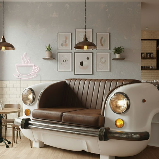 Vintage White Car Sofa Brown Leather Tufted Auto Art Seat