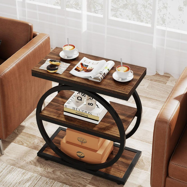 Modern Industrial Circle Frame Side Table with Storage Shelves-Hansart, Tables, Enhance your living space with this Modern Industrial Circle Frame Side Table. Featuring a unique geometric design with circular metal framing, this accent table combines rustic charm with contemporary flair. Crafted from durable engineered wood in a rich, dark brown finish and supported by a sturdy black powder-coated steel frame, it’s built to last. The table includes two spacious open shelves, ideal for displaying books, déco