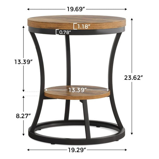 Round End Table with Storage Shelf, Wood Top and Metal Frame-Hansart, Tables, Enhance your living space with this Modern Industrial Round Side Table, a perfect blend of rustic charm and contemporary design. Featuring a smooth woodgrain top and a sturdy black metal frame, this versatile end table offers both style and functionality. The two-tier design provides ample storage and display space, ideal for keeping your essentials within reach or showcasing decorative items. With its compact footprint and sleek