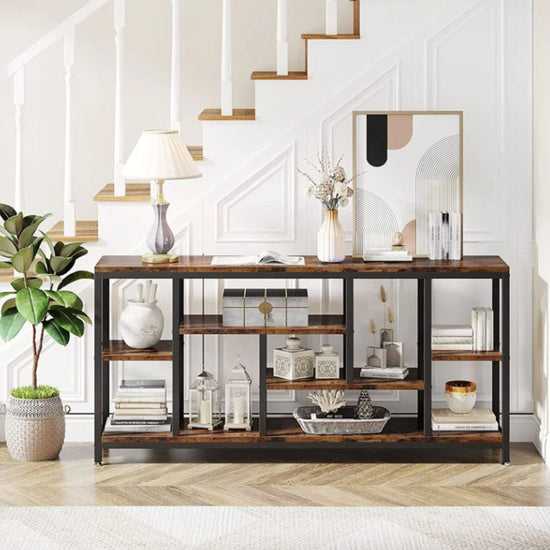 Industrial Console Table with Open Shelving in Rustic Brown and Black Frame-Hansart, Tables, Add a touch of industrial charm to your living space with the Industrial Console Table. Featuring a warm wood-grain finish paired with a sleek black metal frame, this eye-catching piece brings both style and function to your home. Whether you&