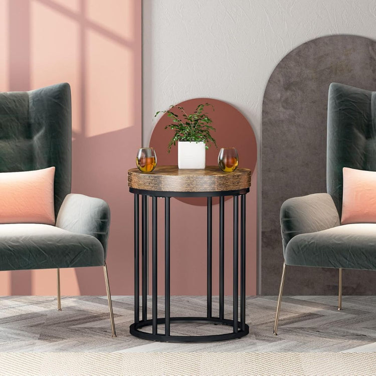 Round Industrial Side Table with Rustic Wood Top and Metal Base-Hansart, Tables, Bring modern industrial flair to your space with this Round Side Table featuring a Wood Top and Metal Frame. Designed with a minimalist aesthetic, this stylish end table combines a rich, rustic wood-grain finish with a sleek black metal base. Its clean, open-frame structure adds a contemporary touch, making it a versatile piece for living rooms, bedrooms, offices, or reading nooks. The sturdy metal frame provides stability, whi