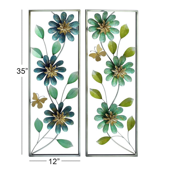 Set of 2 Metallic Garden Flowers Frames Metal Wall Art living room (12 x 36 Inches)