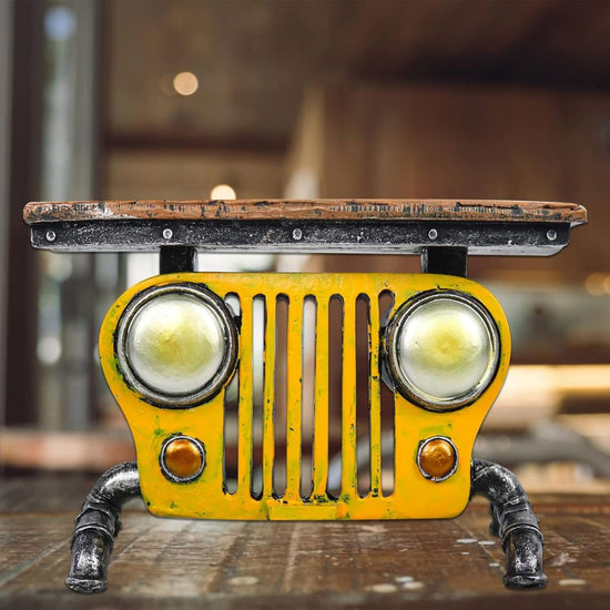 Vintage Yellow Jeep Grille Mini Table with Industrial Pipe Legs