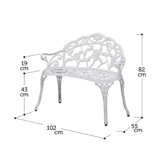 Elegant White Cast Iron Garden Bench with Floral Backrest Design, HANSART, Enhance the charm of your garden or patio with this Elegant Cast Iron Garden Bench. Featuring a beautifully detailed floral backrest, this bench combines classic design with sturdy construction, making it the perfect addition to any outdoor space. Its gracefully curved armrests and legs offer both comfort and timeless elegance, inviting you to relax and enjoy nature. Ideal for gardens, patios, porches, or balconies, this bench serves