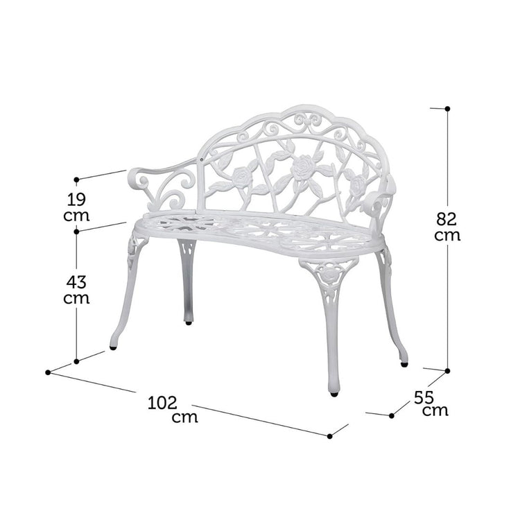 Elegant White Cast Iron Garden Bench with Floral Backrest Design, HANSART, Enhance the charm of your garden or patio with this Elegant Cast Iron Garden Bench. Featuring a beautifully detailed floral backrest, this bench combines classic design with sturdy construction, making it the perfect addition to any outdoor space. Its gracefully curved armrests and legs offer both comfort and timeless elegance, inviting you to relax and enjoy nature. Ideal for gardens, patios, porches, or balconies, this bench serves