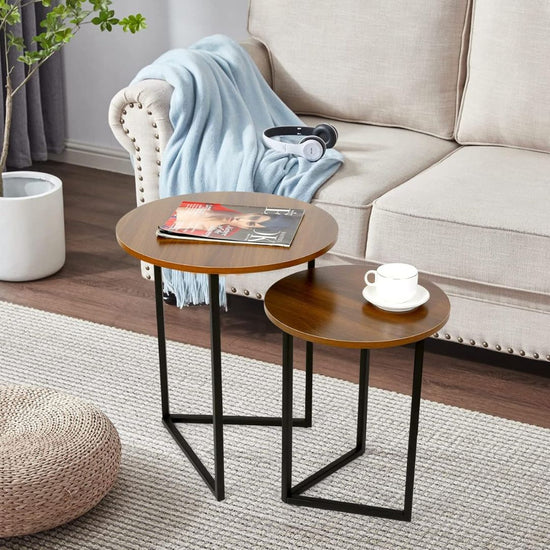 Set of 2 Round Nesting Side Tables with Wood Top and Metal Legs-Hansart, Tables, Elevate your home decor with this stylish Set of 2 Round Nesting Side Tables, designed to blend modern aesthetics with practical functionality. Featuring rich wood grain tops and sleek black metal frames, these tables add a contemporary industrial vibe to any living space. The set includes two different sizes, allowing you to nest them together for a space-saving solution or use them separately as side tables, coffee tables, or
