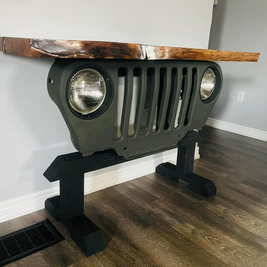 Rustic Jeep Grille Console Table with Live Edge Wooden Top