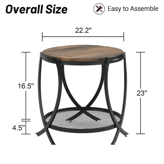 Round Industrial Side Table with Storage Shelf and Metal Frame-Hansart, Tables, Add a touch of industrial charm to your space with this Round Side Table with Mesh Storage Shelf. Combining rustic wood textures with a sleek black metal frame, this versatile accent table brings both style and functionality to any room. The round tabletop provides a perfect spot for a lamp, books, or decorative accents, while the lower mesh shelf adds extra storage for magazines, baskets, or other essentials. Crafted for durabi