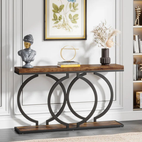 Modern Console Table with Geometric Circle Base in Rustic Brown and Black-Hansart, Tables, Add a touch of industrial charm to your living space with the Industrial Console Table. Featuring a warm wood-grain finish paired with a sleek black metal frame, this eye-catching piece brings both style and function to your home. Whether you&