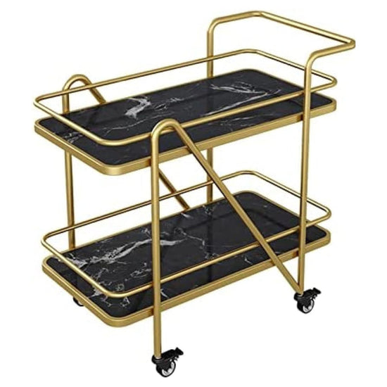 Two-tiered serving cart with gold frame and black marble-patterned trays on a white background