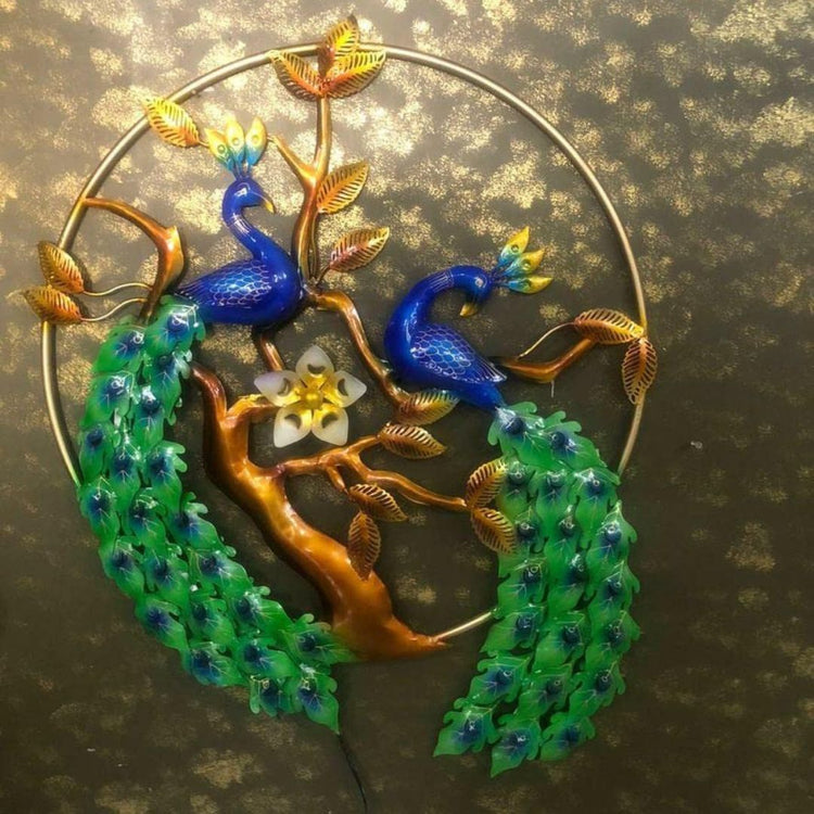 Experience the beauty of nature with our Double Peacock Metal Wall Art. This stunning piece, featuring two intricately crafted peacocks surrounded by nature, will add a touch of elegance to your living room. Measuring <strong>29 x 38 inches</strong>, this metal wall art is the perfect addition to any home decor.</span></li> <li>Made of High-Quality Iron Metal</li> <li>Anti-rust powder coating used for long lasting finish</li> <li>Hanging Mechanism included</li> <li>Peacock wall decor with led lighting