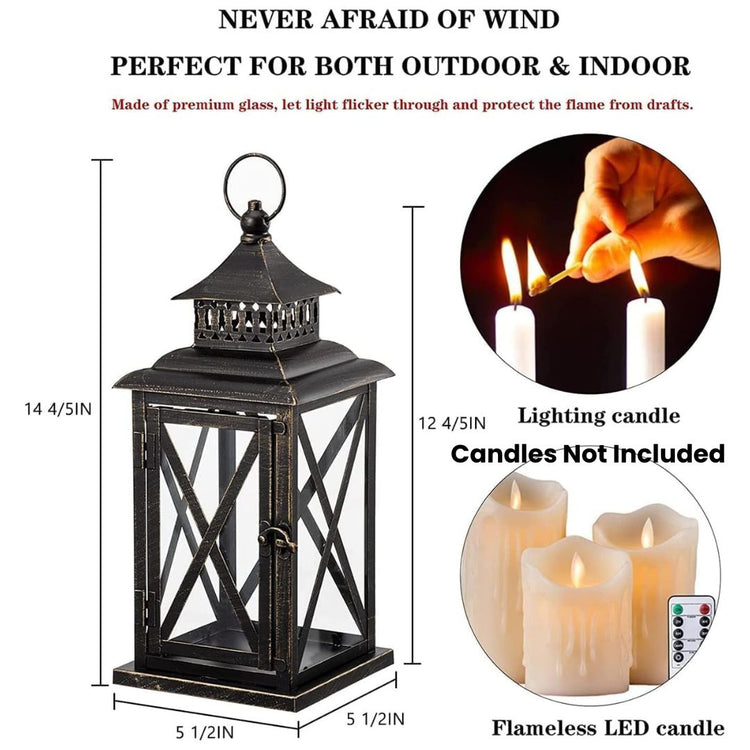 Vintage Black Candle Lantern Holder for Indoor Outdoor Decoration-Hansart-Hansart, Add a touch of vintage charm and warm ambiance to your space with this Rustic Black Metal Candle Lantern. Crafted from durable metal with clear glass panels, this lantern features an elegant cross-frame design and distressed finish, making it a perfect addition to both indoor and outdoor decor. Place a real or flameless LED candle inside to create a cozy glow on your patio, living room, garden, or during special events like w