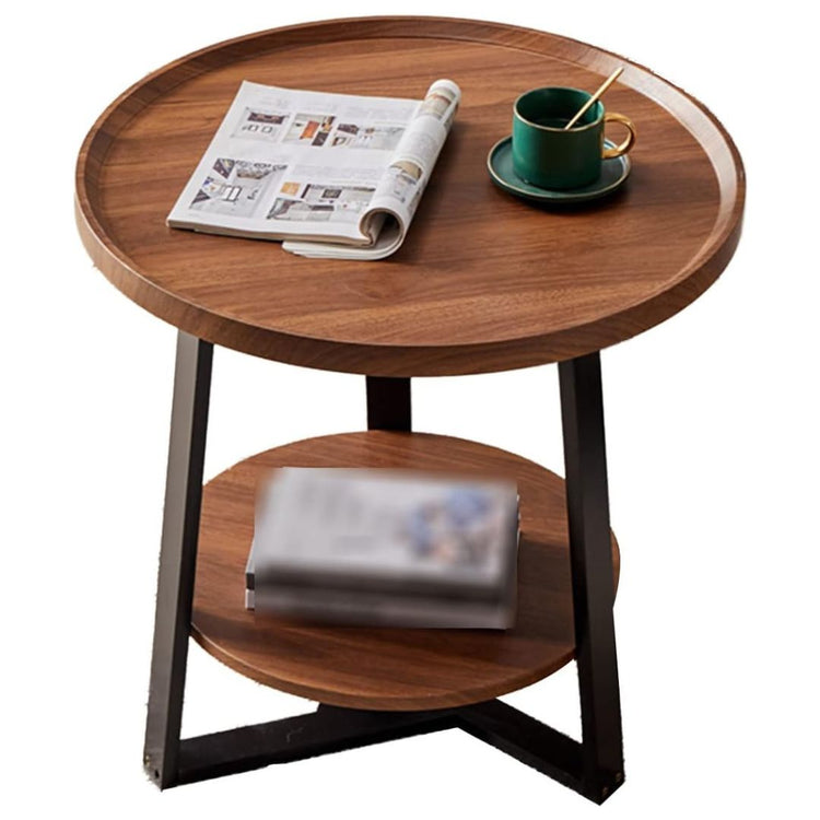 Modern Round Side Table with Storage Shelf and Metal Legs-Hansart, Tables, Enhance your living space with this stylish Round Wooden Side Table with Lower Storage Shelf, designed to bring both functionality and elegance to any room. Featuring a smooth round tabletop and a sturdy lower shelf, this table provides ample space for your books, beverages, or décor pieces. Crafted with a rich wood grain finish and supported by durable black metal legs, its modern industrial style blends seamlessly with a variety of