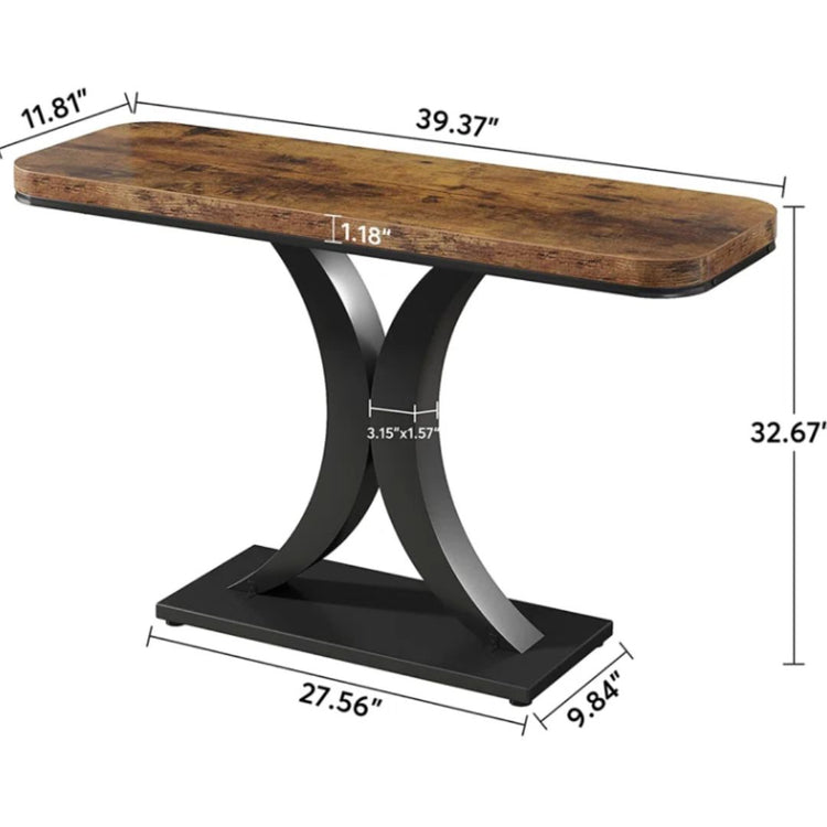Rustic Brown Console Table with Sculptural Black Metal Base-Hansart, Tables, Elevate your space with the perfect blend of modern elegance and rustic charm. Our Rustic Brown Console Table with Sculptural Black Metal Base brings sophistication and function to your living room, hallway, or entryway. The eye-catching curved black metal pedestal base provides a bold, sculptural statement, while the rich rustic brown tabletop offers warmth and texture. Whether you&