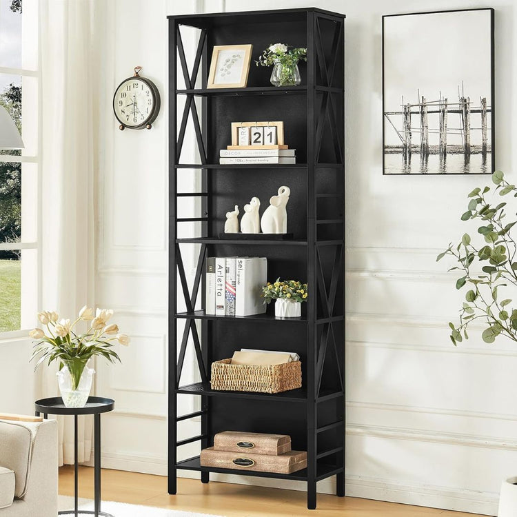 Industrial Bookshelf with Black Metal Frame – Modern Open Display Shelf for Living Room, HANSART, Add a modern industrial touch to your living space with this Tall 5-Tier Metal Frame Bookshelf. Standing at 84 inches tall, this open display shelf features a sleek black design with a durable metal frame and spacious shelves. Its minimalist yet functional design makes it an ideal storage solution for your home office, living room, bedroom, or study. Whether you need a stylish spot for books, decor, plants, or